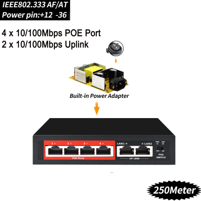 POE Switch 48V With 4 100M Port IEEE 802.3 af/at Ethernet switch with 2x 100M uplink Suitable for IP camera/Wireless AP/POE camera