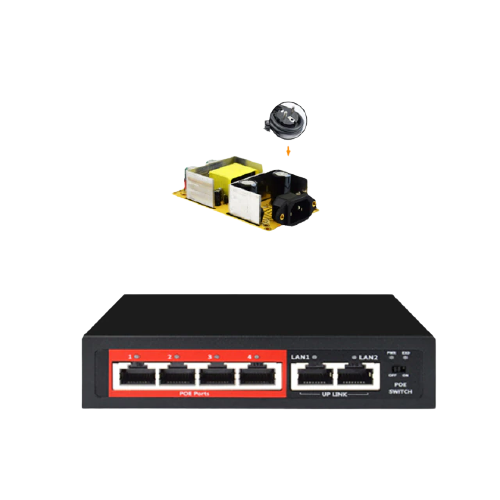 Мрежов комутатор POE 48V с 4 порта 100M  IEEE 802.3 af/at и 2x 100M uplink съвместим с IP camera/Wireless AP/POE camera