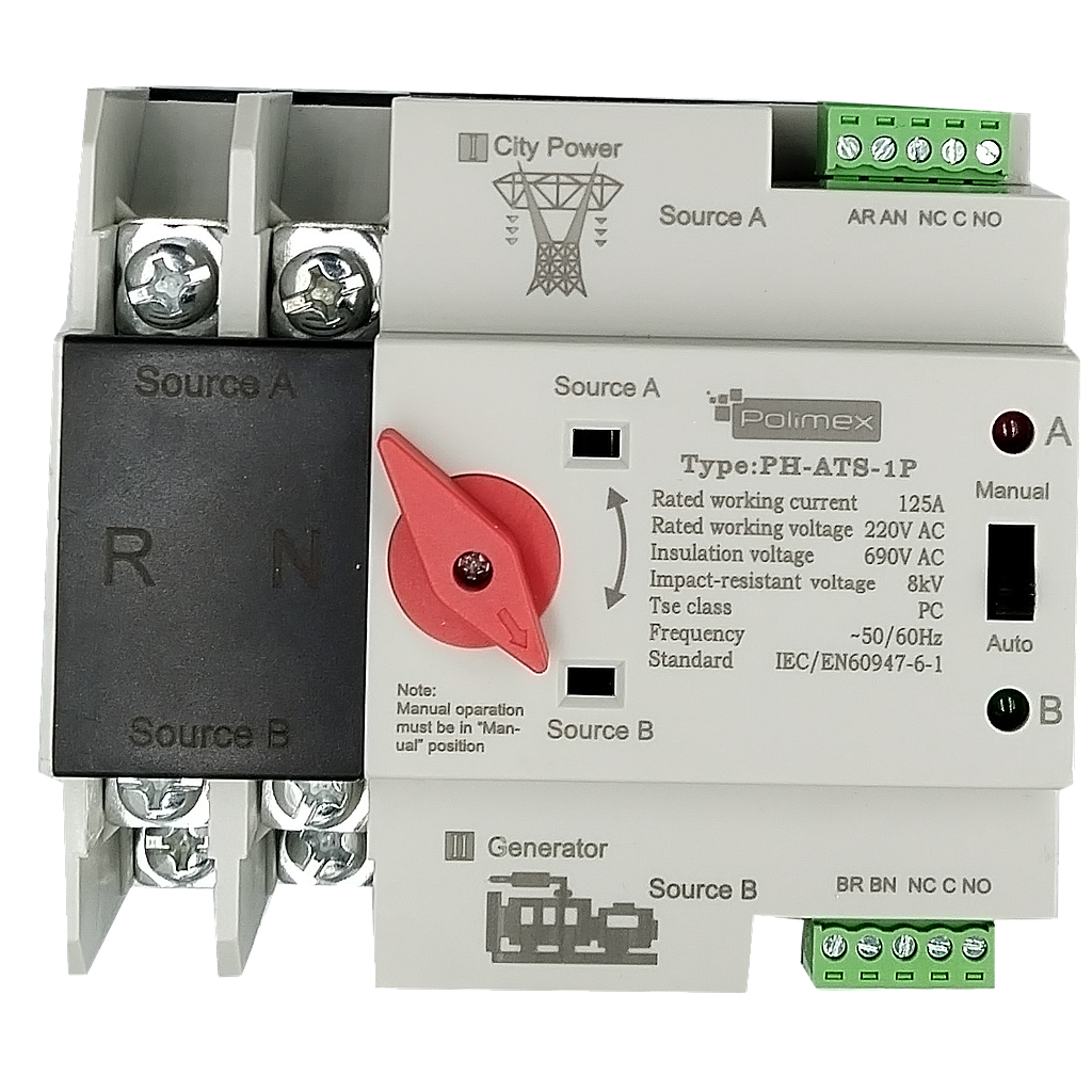 Single Phase Din Rail ATS 220V Dual Power Automatic Transfer Electrical Selector Switches Uninterrupted PH-ATS-1P
